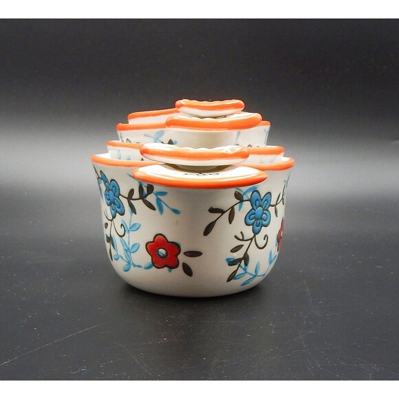 Dutch Wax Floral Measuring Cups Set Hand-Painted Ceramic Multi-Colored S/4 - Picture 4 of 7